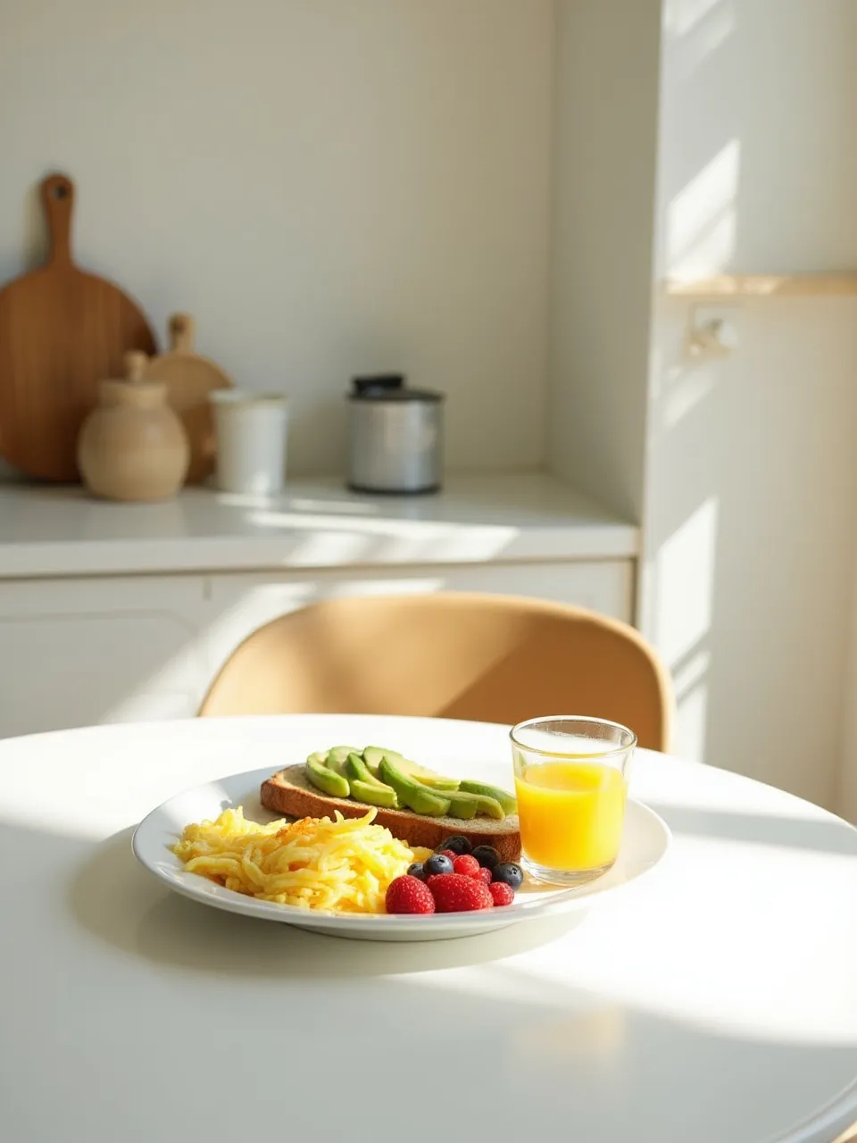 Balanced healthy breakfast with eggs, avocado toast, berries, and orange juice on a white table in natural light.