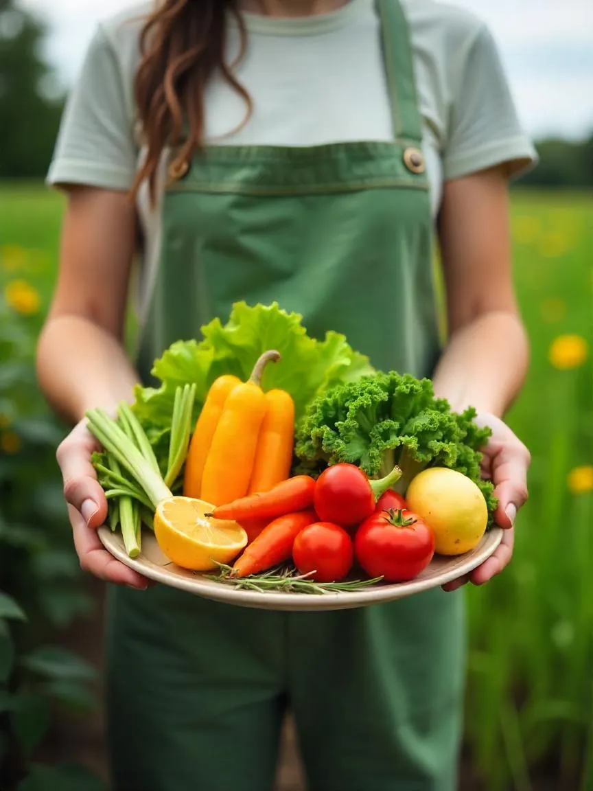 A person holding a plate of healthy, plant-based food in a lush green field, symbolizing the connection between diet, health, and environmental sustainability.
