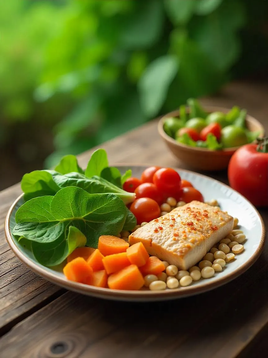 Close-up of a plate with healthy, balanced foods highlighting the environmental impact of dietary choices.
