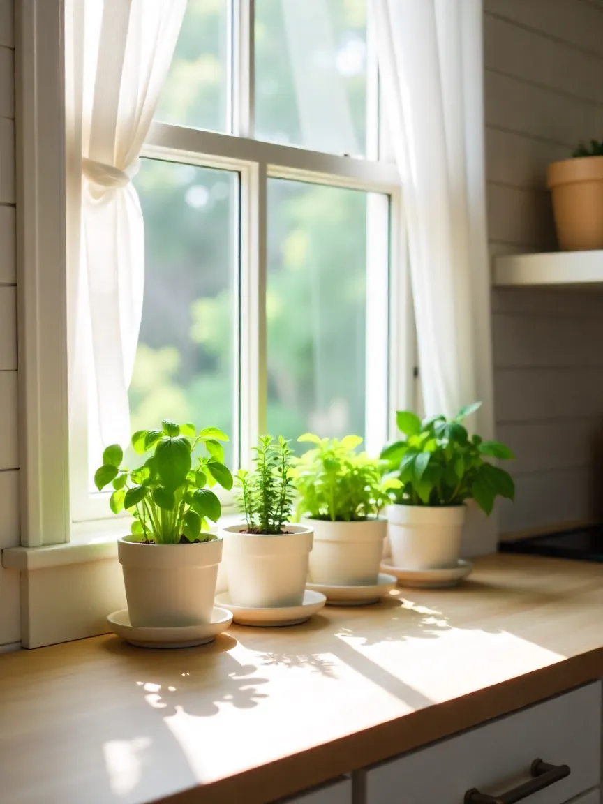 Kitchen windowsill with fresh herb garden featuring basil, thyme, parsley, and mint in small pots, adding greenery and charm to the space.