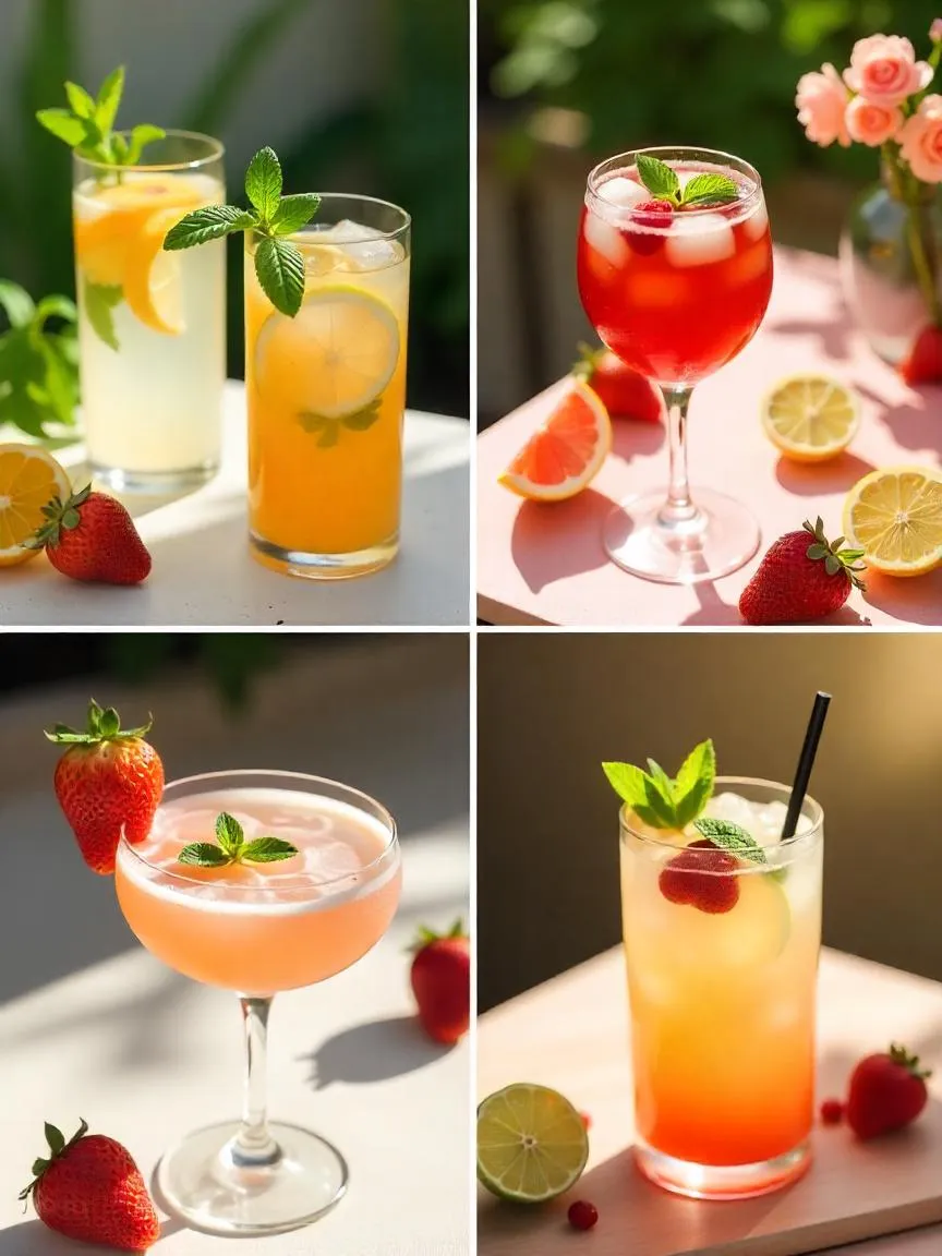 Collage of colorful summer wine cocktails: spritzer, sangria, frosé, and wine mojito on outdoor tables with fresh fruit and herbs.