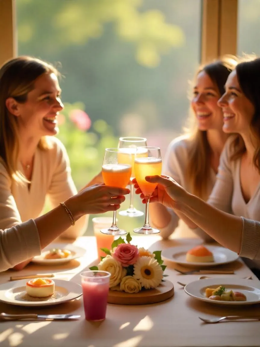 Group of friends toasting with drinks at a bright and cozy Easter brunch table.