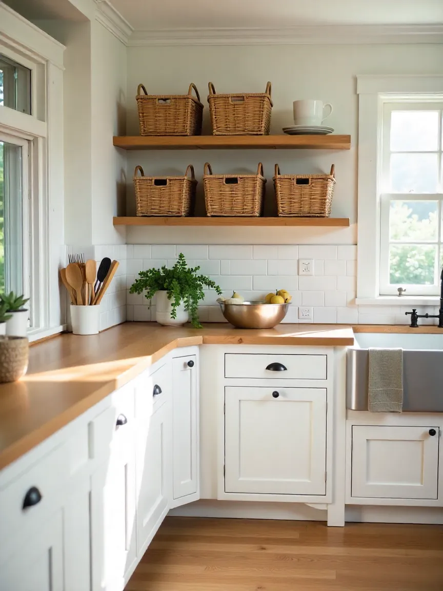 Farmhouse kitchen with woven baskets on shelves and walls, paired with white cabinets and wooden countertops for a rustic yet stylish vibe.
