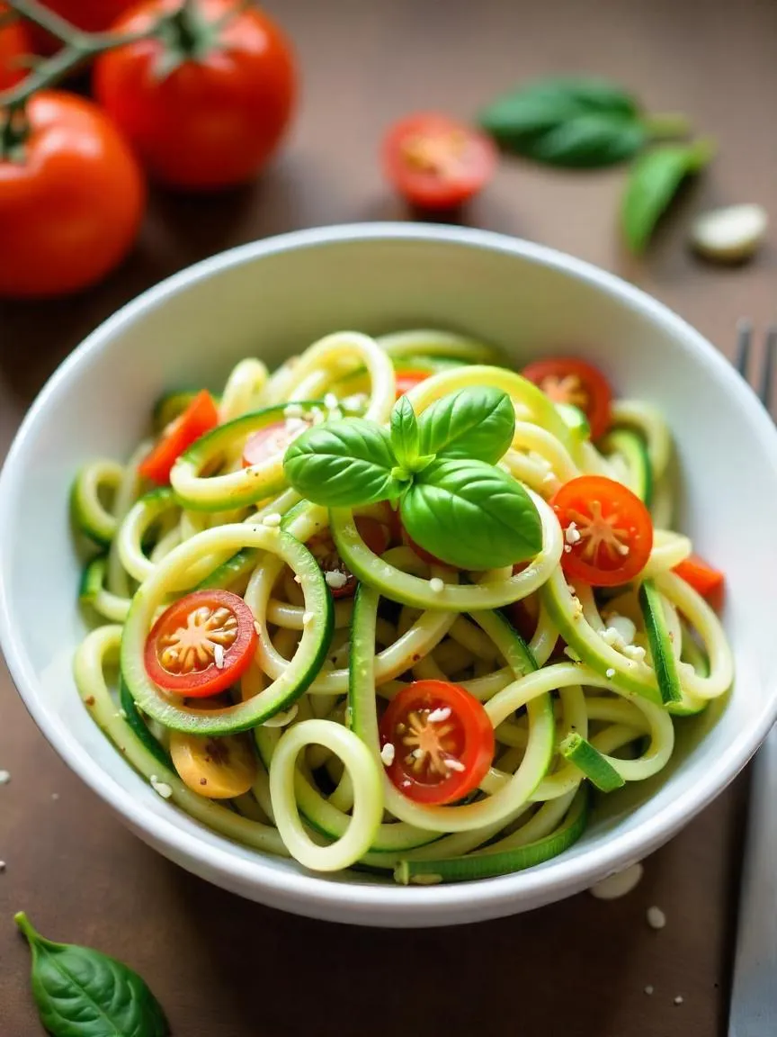 Zucchini noodles tossed with cherry tomatoes and basil, served fresh with olive oil.