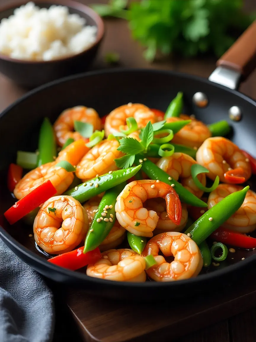 A colorful shrimp stir-fry with red bell peppers, snap peas, and sesame seeds in a black skillet, served with a side of white rice and chopsticks.