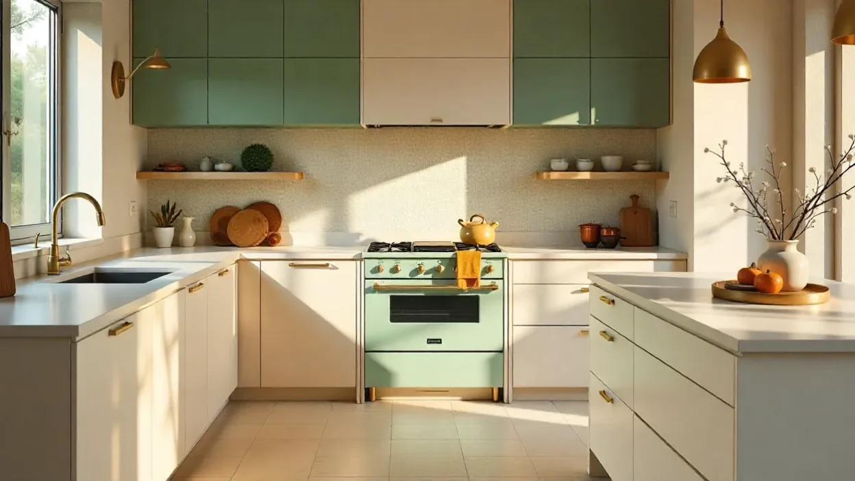 Modern 2025 kitchen with Zellige backsplash, large-format porcelain floor tiles, and an encaustic feature wall.