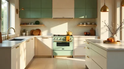 Modern 2025 kitchen with Zellige backsplash, large-format porcelain floor tiles, and an encaustic feature wall.
