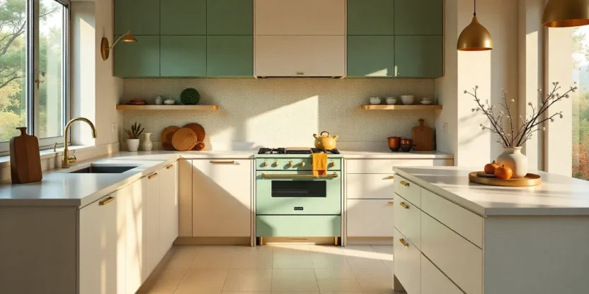 Modern 2025 kitchen with Zellige backsplash, large-format porcelain floor tiles, and an encaustic feature wall.