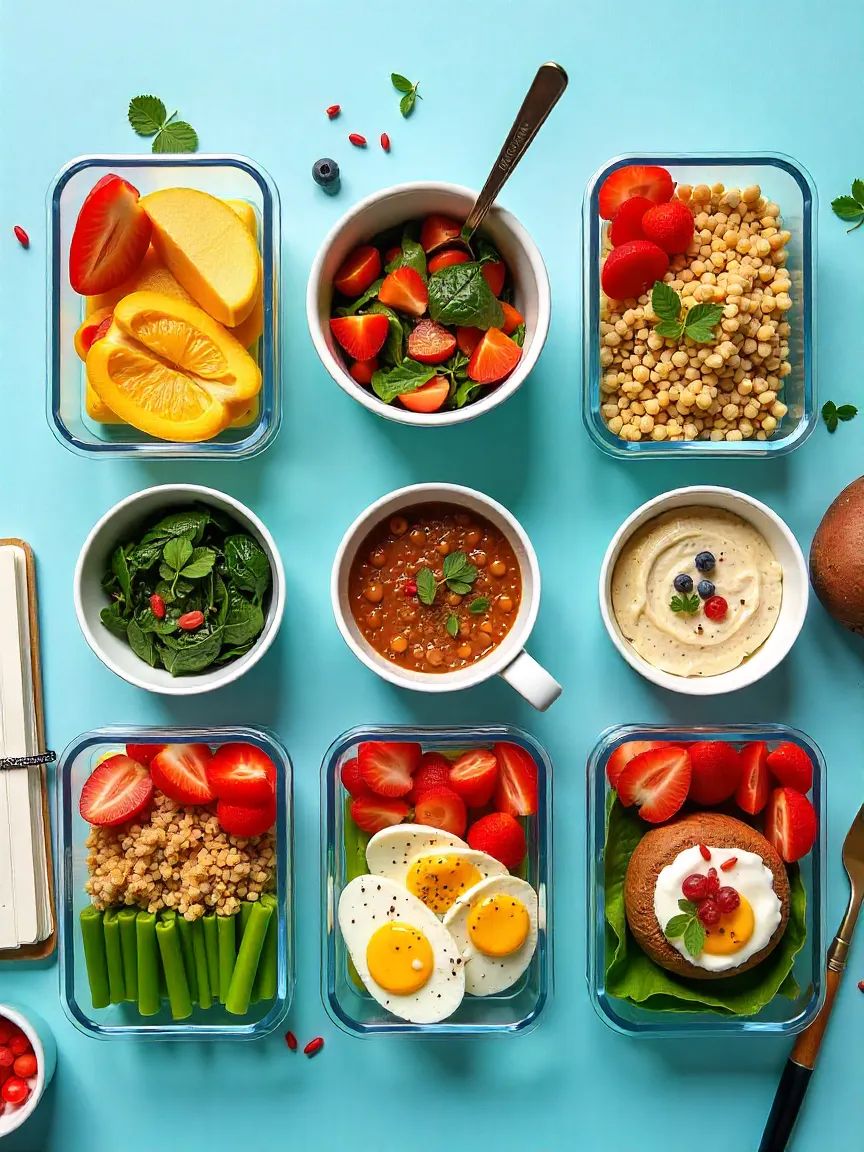 Three days of microwave meal prep meals for artists, including omelet, stuffed peppers, risotto, oats, quinoa salad, mug cake, rice bowl, and sweet potato.