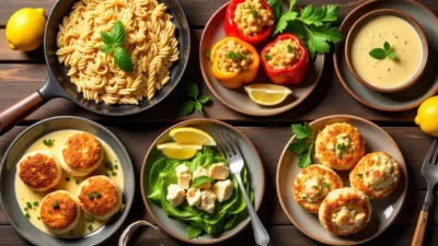 Overhead view of six crab recipes including crab cakes, pasta, dip, salad, stuffed peppers, and chowder, styled on a rustic wooden table with fresh garnishes.