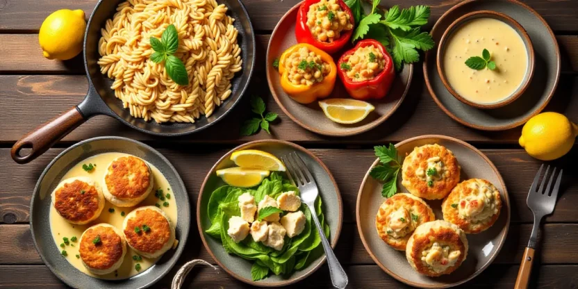 Overhead view of six crab recipes including crab cakes, pasta, dip, salad, stuffed peppers, and chowder, styled on a rustic wooden table with fresh garnishes.