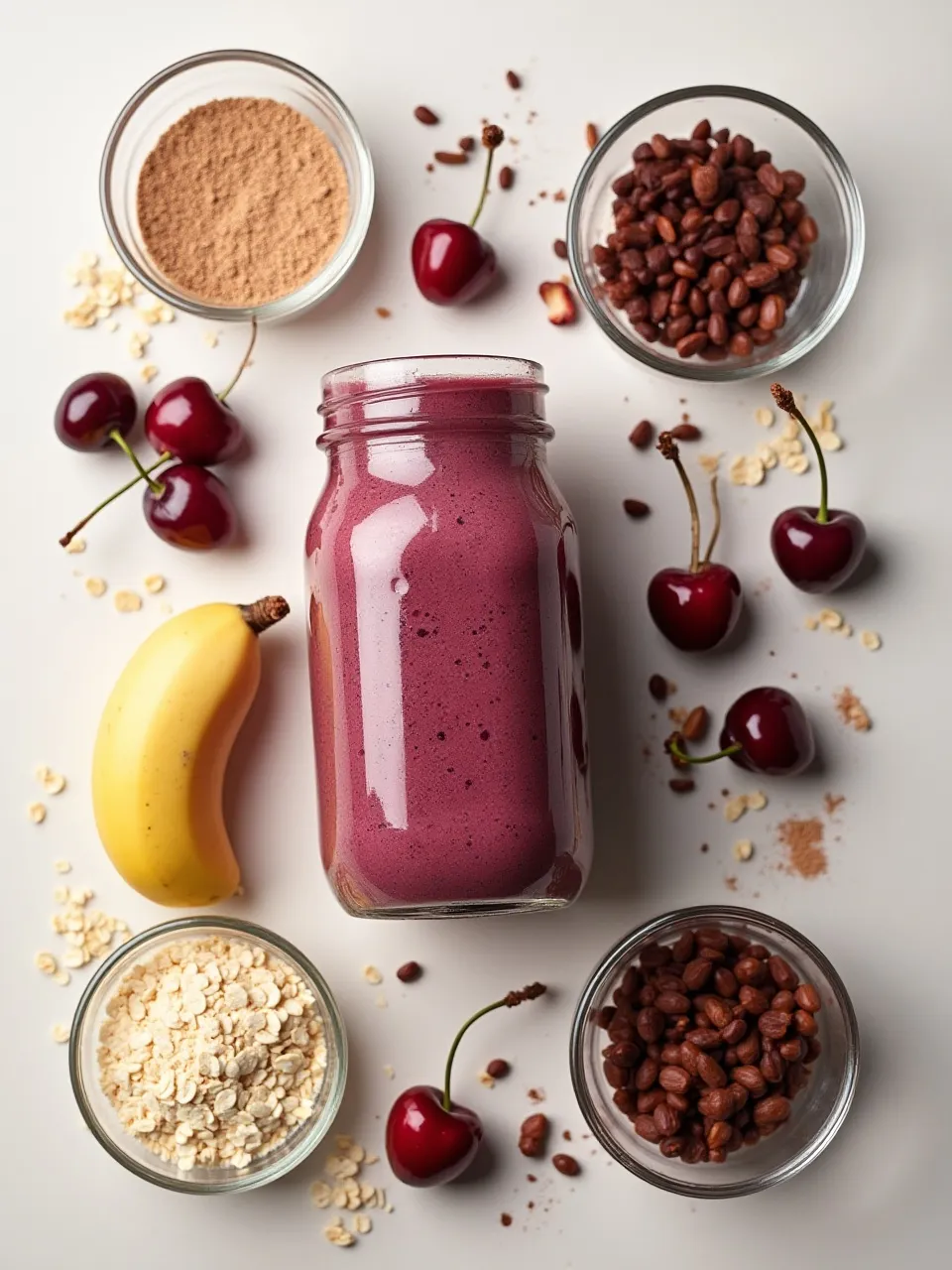 Collage of chocolate cherry smoothie ingredients including cherries, bananas, milk, cocoa, and optional greens.
