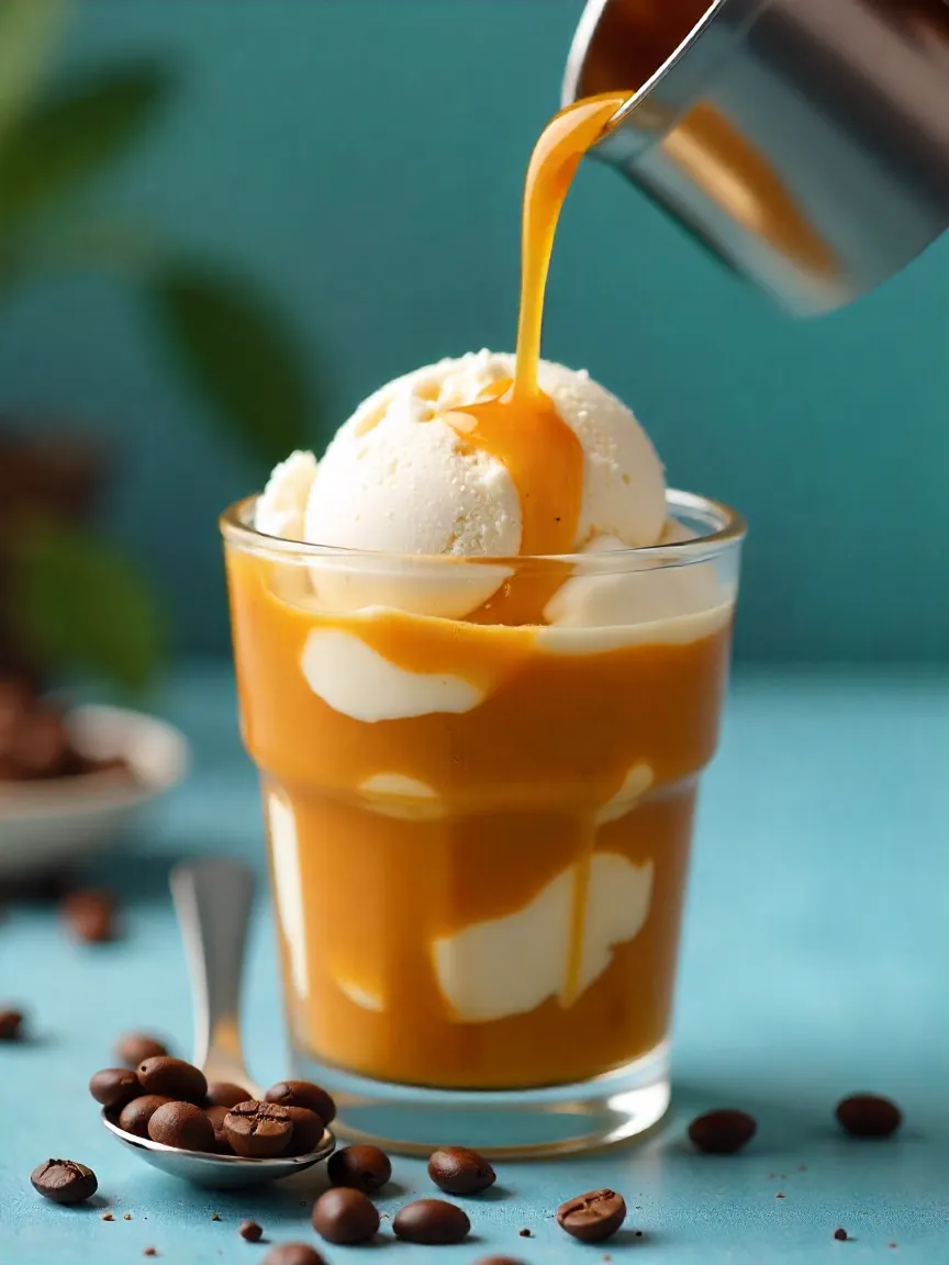 Affogato dessert with melting vanilla gelato and espresso in a glass, coffee beans scattered around, showcasing a simple yet elegant coffee treat.