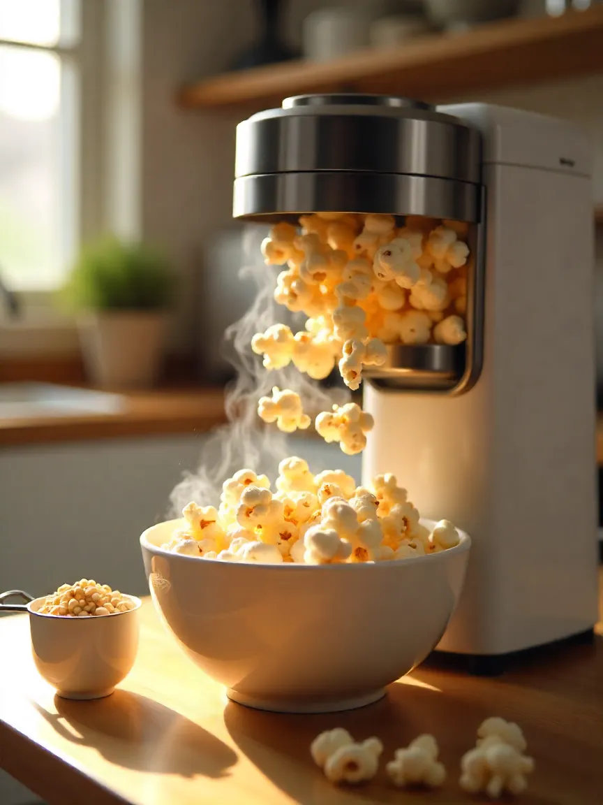 Air popcorn popper popping fluffy white kernels into a bowl.