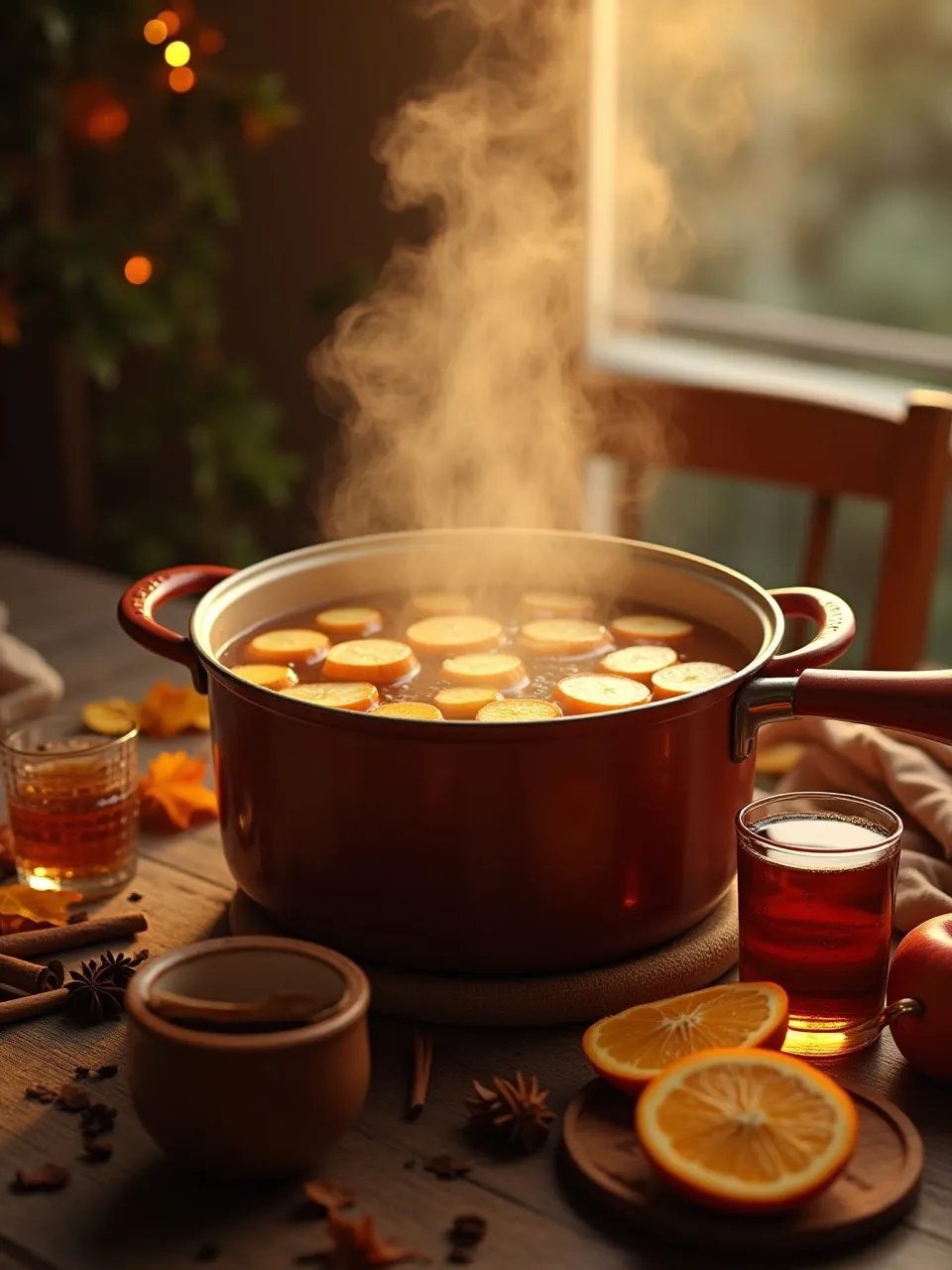 Steaming apple cider in a pot with spices, fruit slices, and mugs on a rustic table.