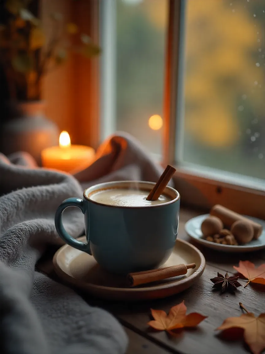Steaming mug with cinnamon stick, autumn leaves, candle, and cozy fall atmosphere.