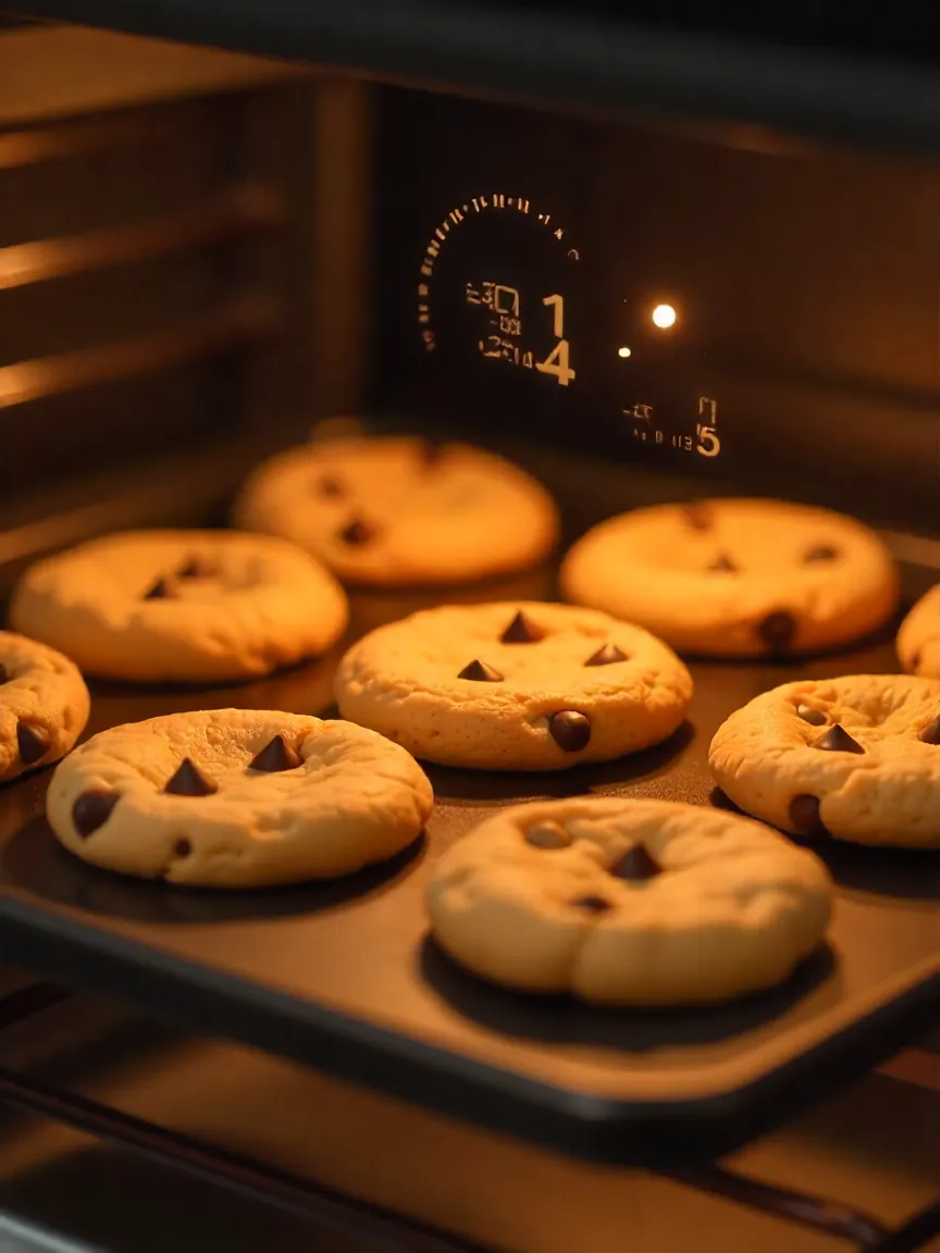 Chocolate chip cookies baking in the oven at various stages, with timers showing perfect baking moments, highlighting golden edges and soft centers.