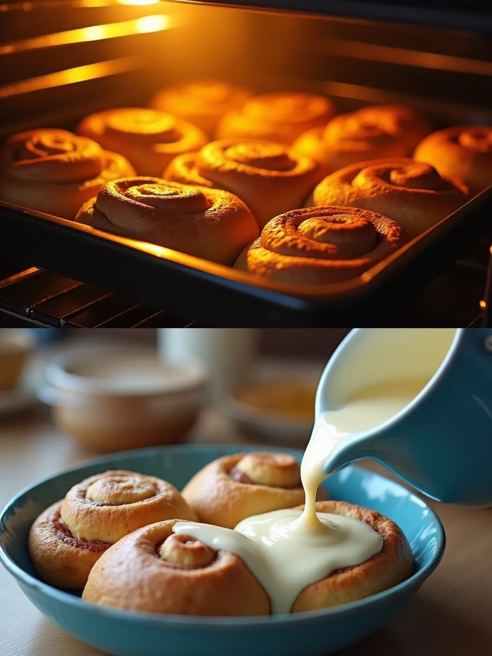 Golden cinnamon rolls being baked and glazed with creamy frosting.
