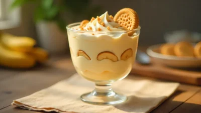 Layered banana pudding with whipped cream, bananas, and vanilla wafers in a glass bowl.