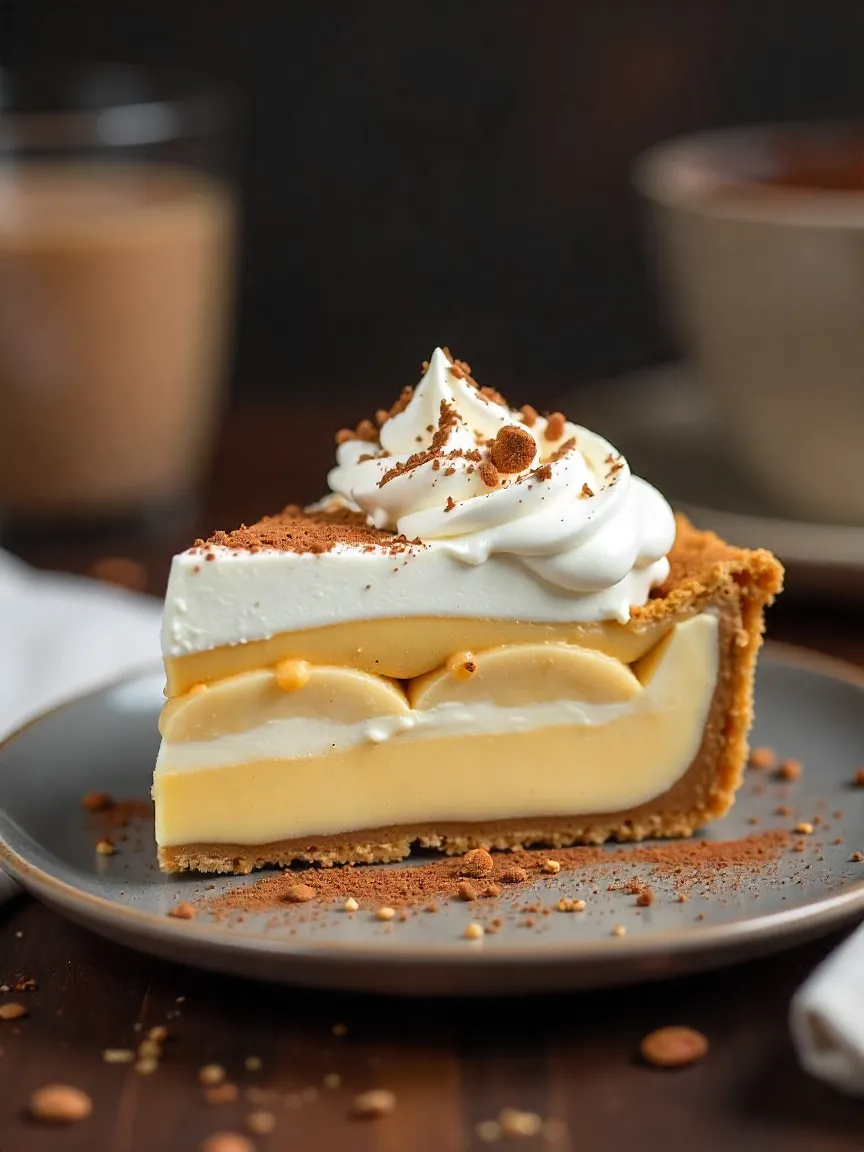 Banoffee Pie with biscuit crust, dulce de leche, bananas, and whipped cream, styled on a cozy table.