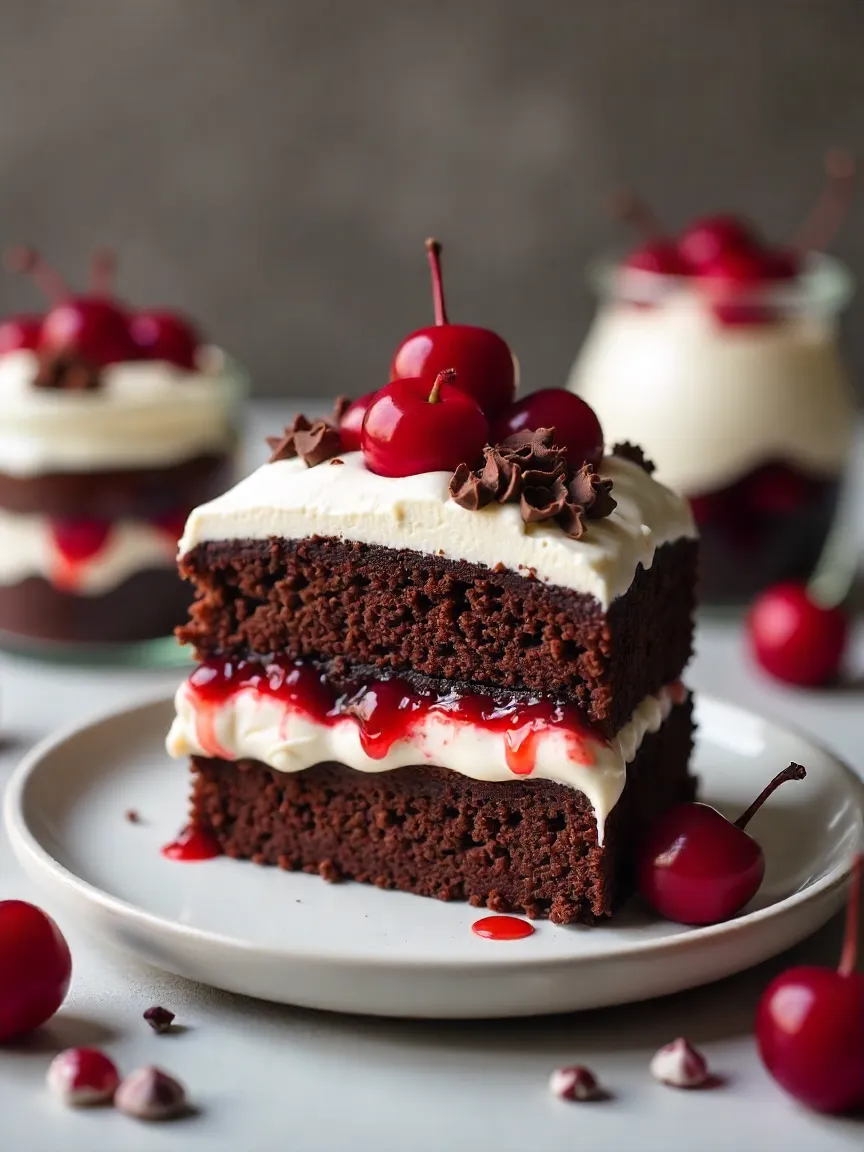 Black Forest Cake with chocolate layers, whipped cream, and cherries, styled for a festive table.