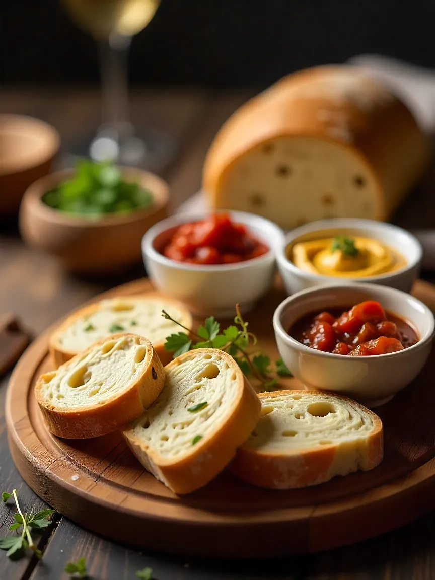 Assorted breads with herb butter, olive tapenade, red pepper dip, and garlic hummus for a romantic meal.