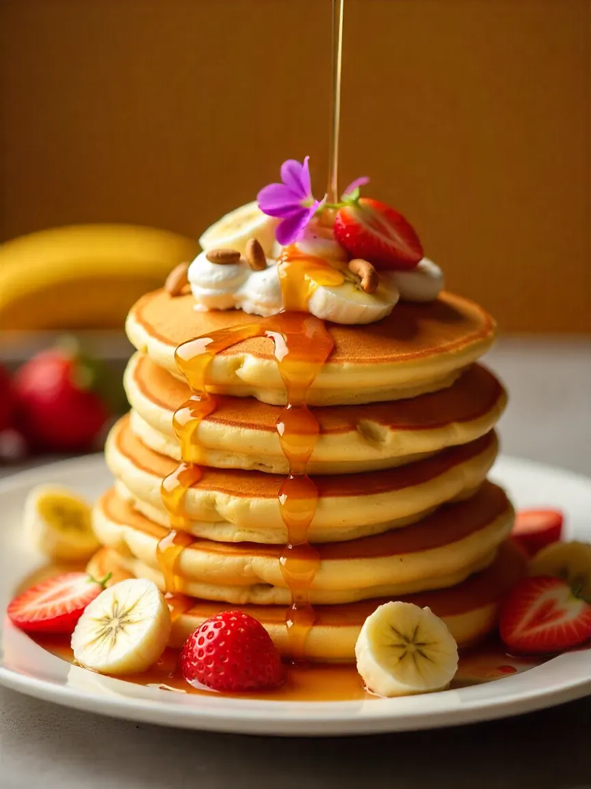 Collage of visually stunning pancakes with fruit, syrup drizzles, and decorative toppings.