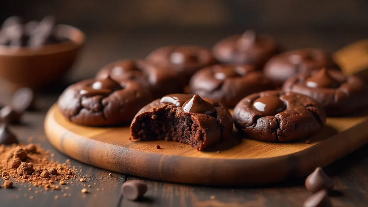 Freshly baked fudgy chocolate brownie cookies on a wooden board with melted chocolate chunks.