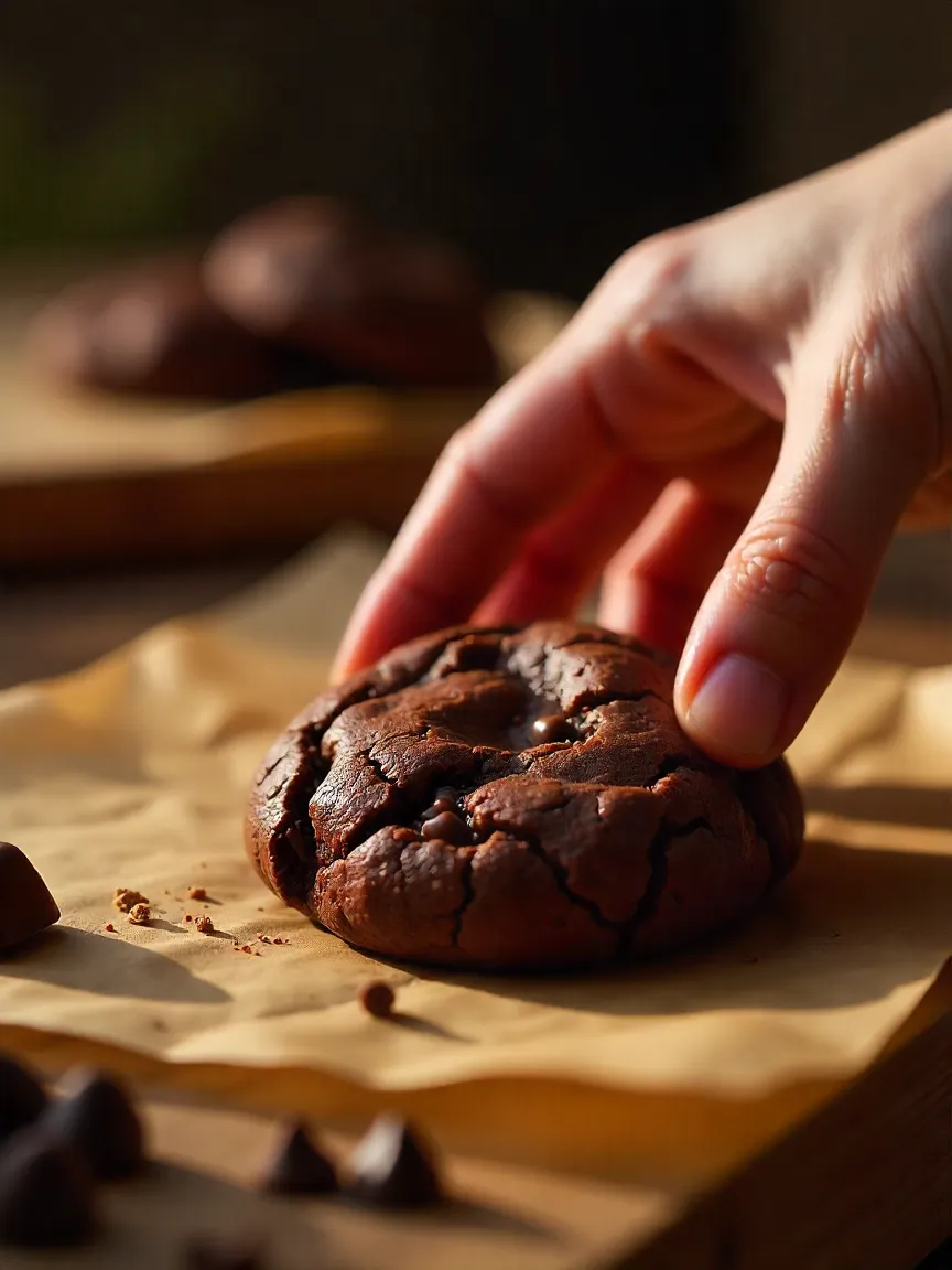 Hand grabbing a warm fudgy brownie cookie with gooey chocolate center on parchment paper.