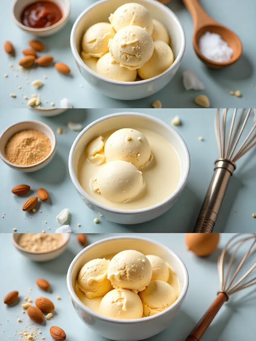 Collage of ingredients for making classic, custard, and vegan ice cream bases.