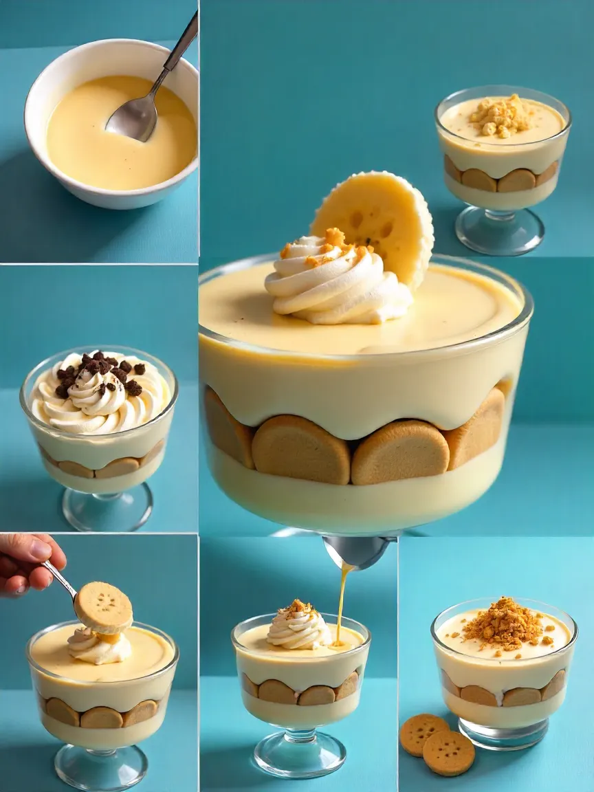 Real banana pudding ingredients: bananas, custard, cookies, whipped cream, nuts, coconut, caramel, and chocolate.