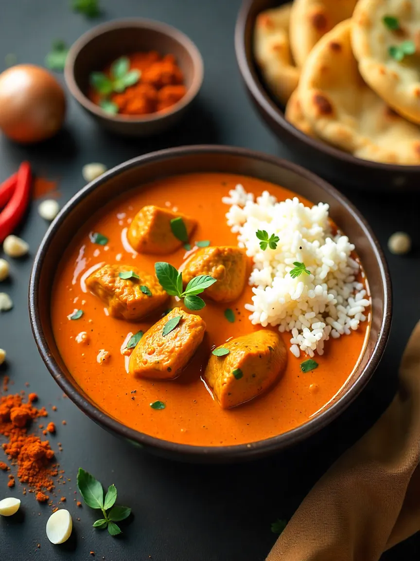 Collage of butter chicken, rice, naan, and fresh spices in a cozy kitchen.