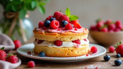 Charlotte cake with fresh berries and satin ribbon on rustic table.