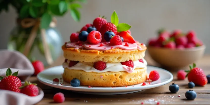 Charlotte cake with fresh berries and satin ribbon on rustic table.