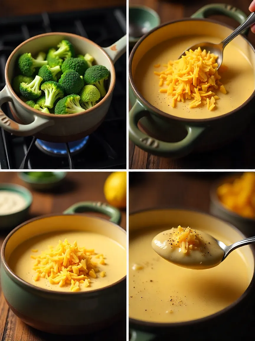 Broccoli cheddar soup in a pot with cheese melting, Parmesan, nutmeg, and a squeeze of lemon for creamy, indulgent flavor.
