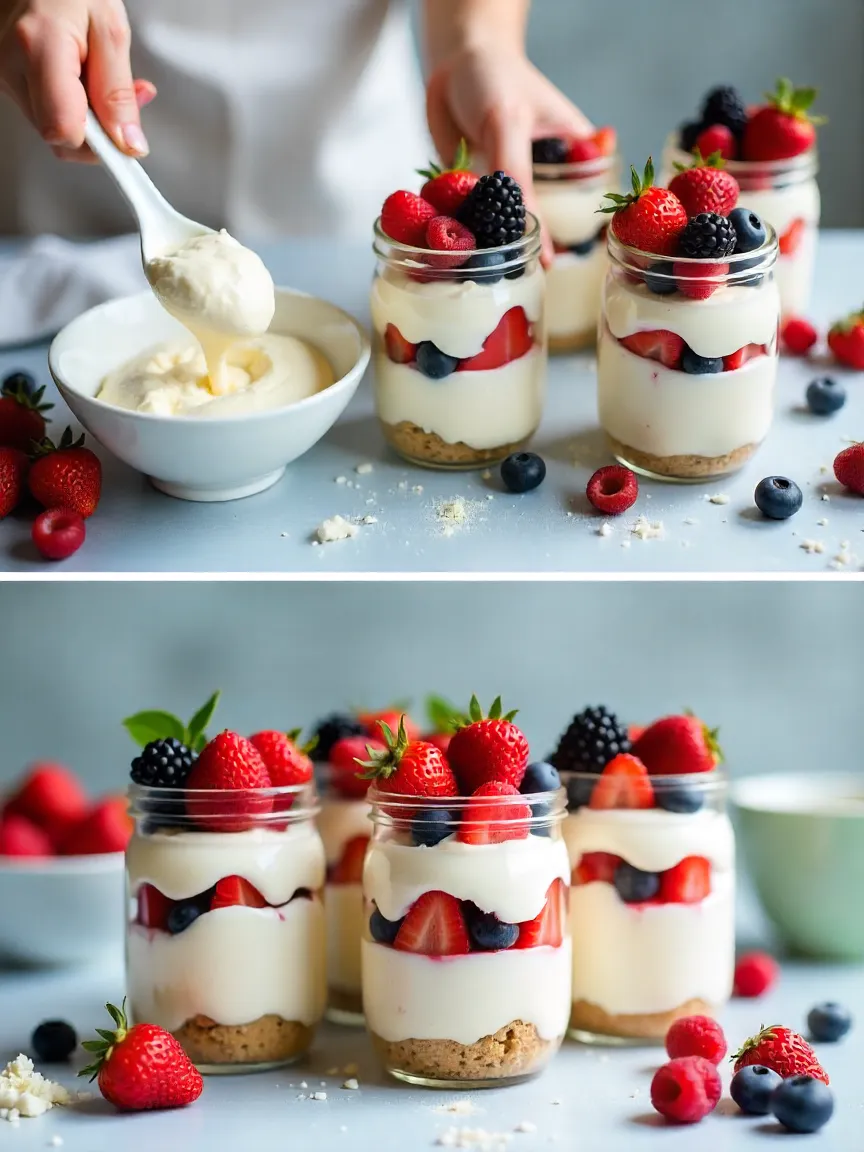 Collage of cheesecake berry parfait preparation and finished layered dessert in glass jars.