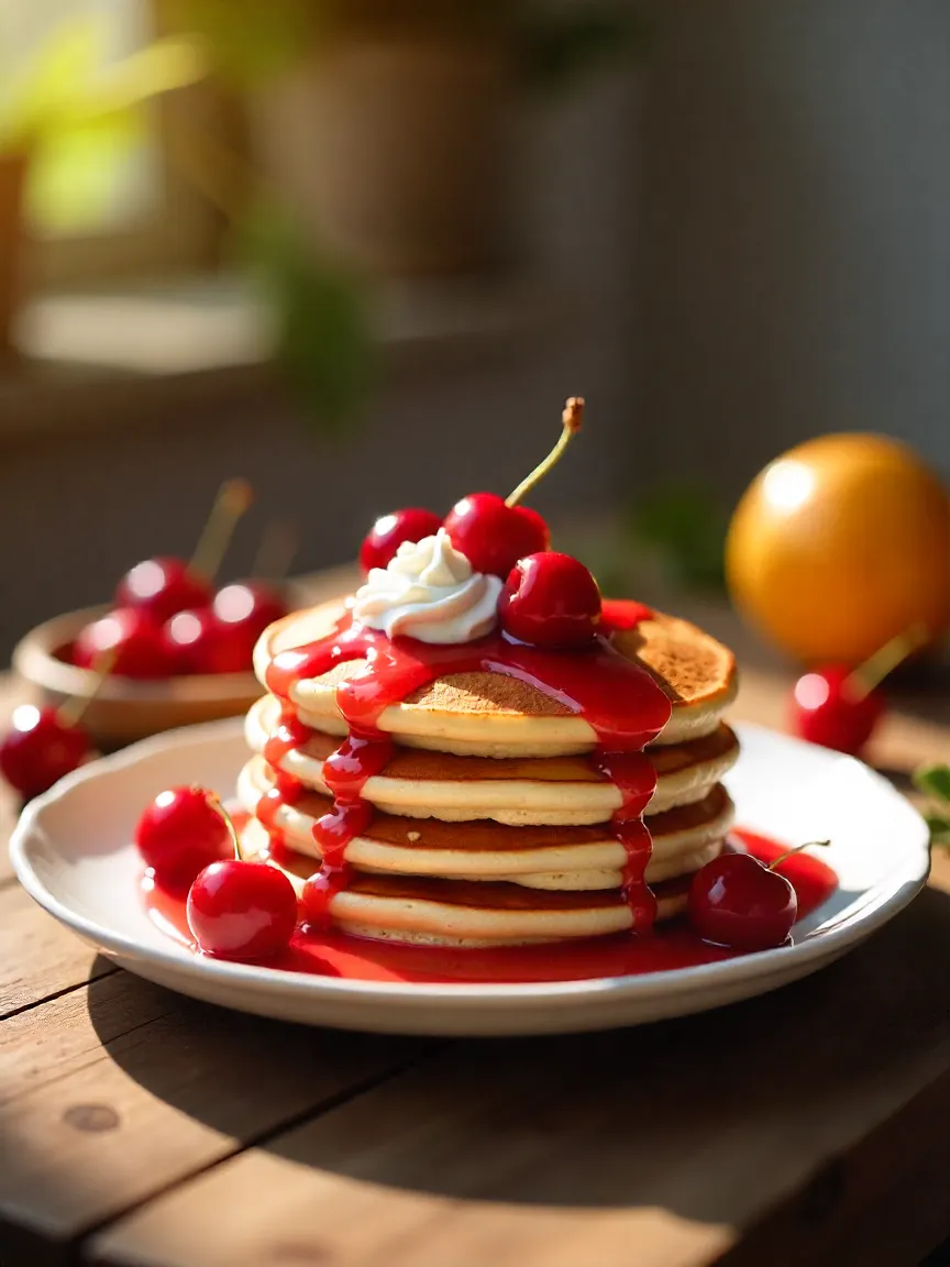 Cherry-filled pancakes topped with warm citrus-cherry sauce and whipped cream, served on a plate.