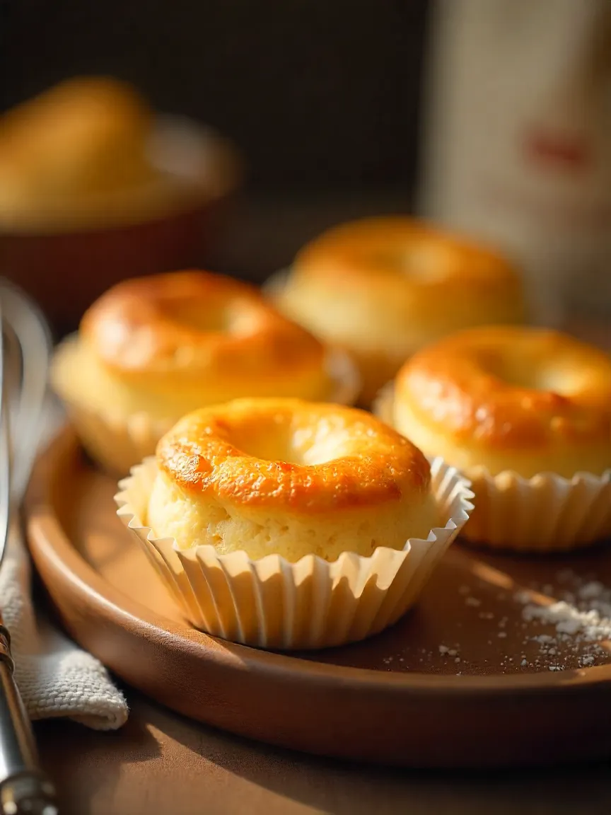 Golden mini Chinese sponge cakes in paper cups with whisk and flour, evoking homemade bakery comfort.