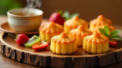 Mini Chinese sponge cakes on wooden tray with fresh fruits and jasmine tea.