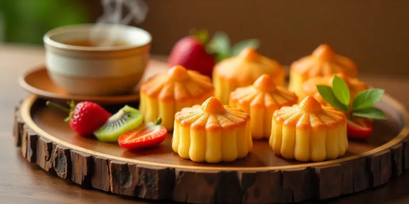 Mini Chinese sponge cakes on wooden tray with fresh fruits and jasmine tea.