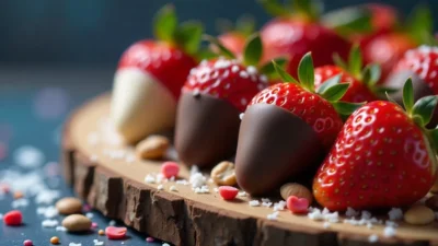 Close-up of chocolate-covered strawberries with nuts and sprinkles on a wooden board.
