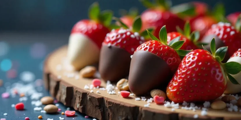 Close-up of chocolate-covered strawberries with nuts and sprinkles on a wooden board.