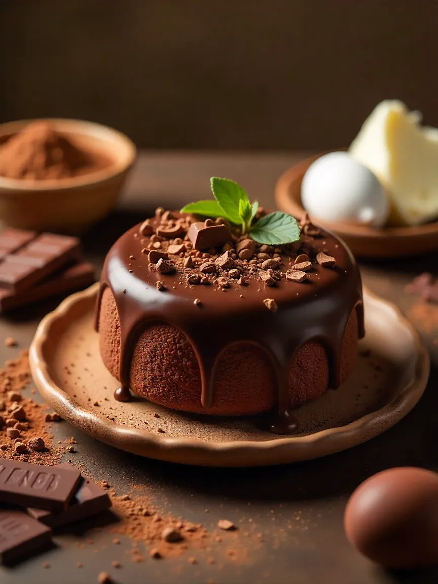 Mini chocolate cake with glossy ganache and chocolate shavings, surrounded by cocoa powder, eggs, butter, and milk.