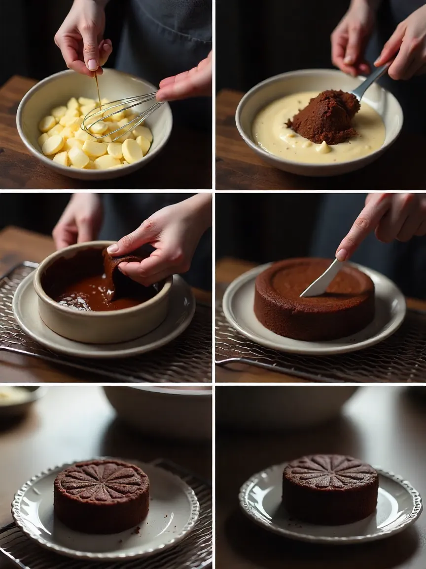 Step-by-step baking a chocolate bento cake with cocoa powder and mini pan on a warm kitchen counter.