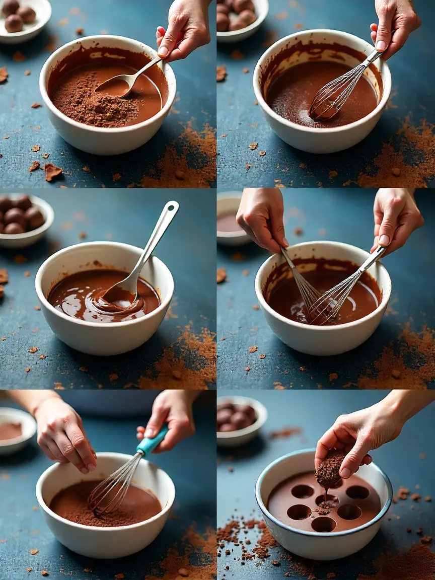Collage of chocolate-making steps: prep, melt, mix, temper, flavor, and pour into molds.