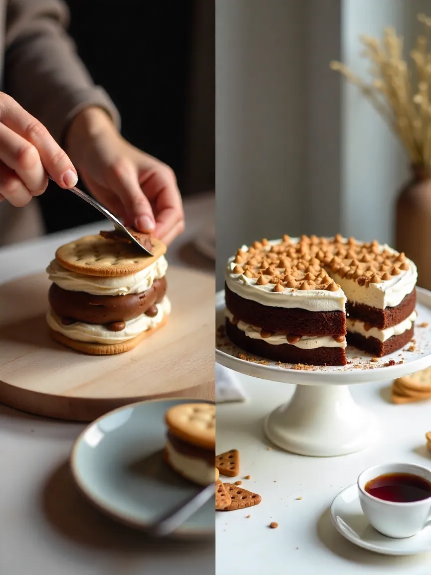 Collage showing the making and final serving of a chocolate hazelnut no-bake cake.