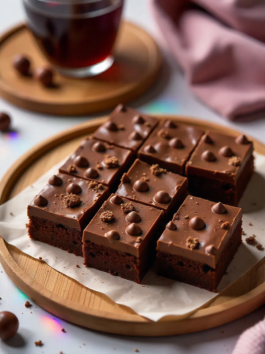Collage of chocolate Malteser cake prep and sliced no-bake cake with tea.