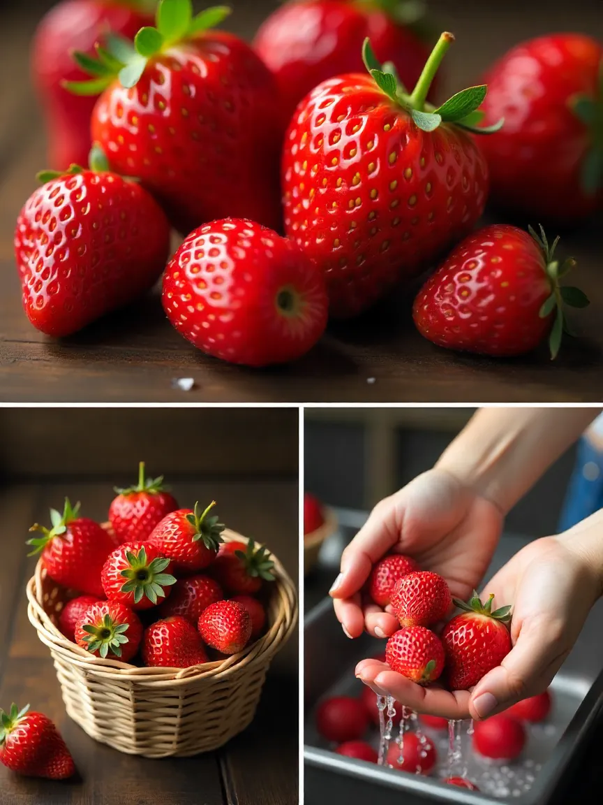 Collage of ripe strawberries, farm stand basket, and washing fresh berries for chocolate dipping.