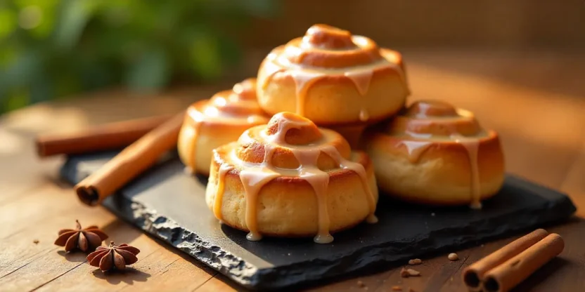 Plate of warm cinnamon rolls with icing in a cozy kitchen.