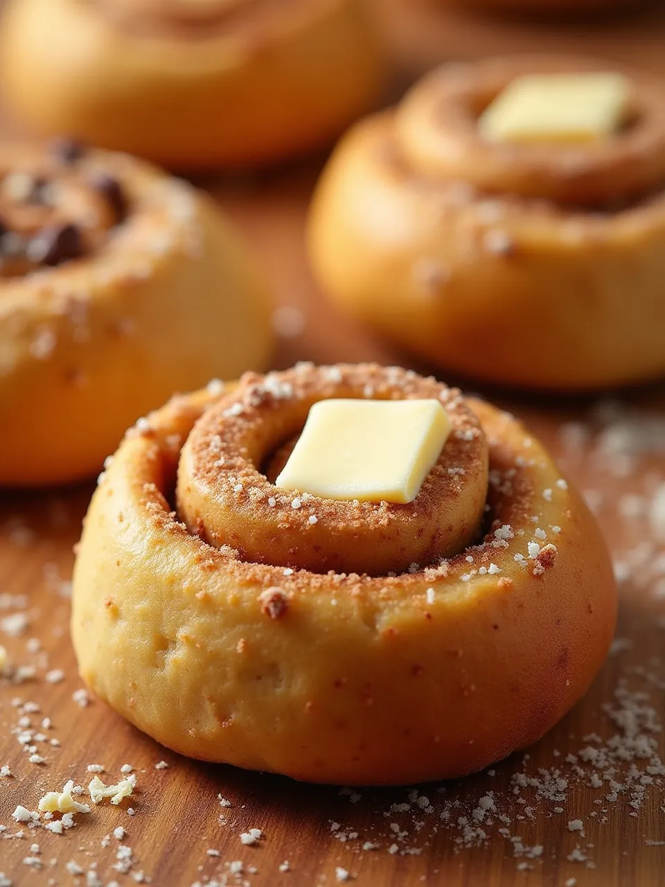 Cinnamon roll dough layered with butter and cinnamon sugar, ready to be rolled.